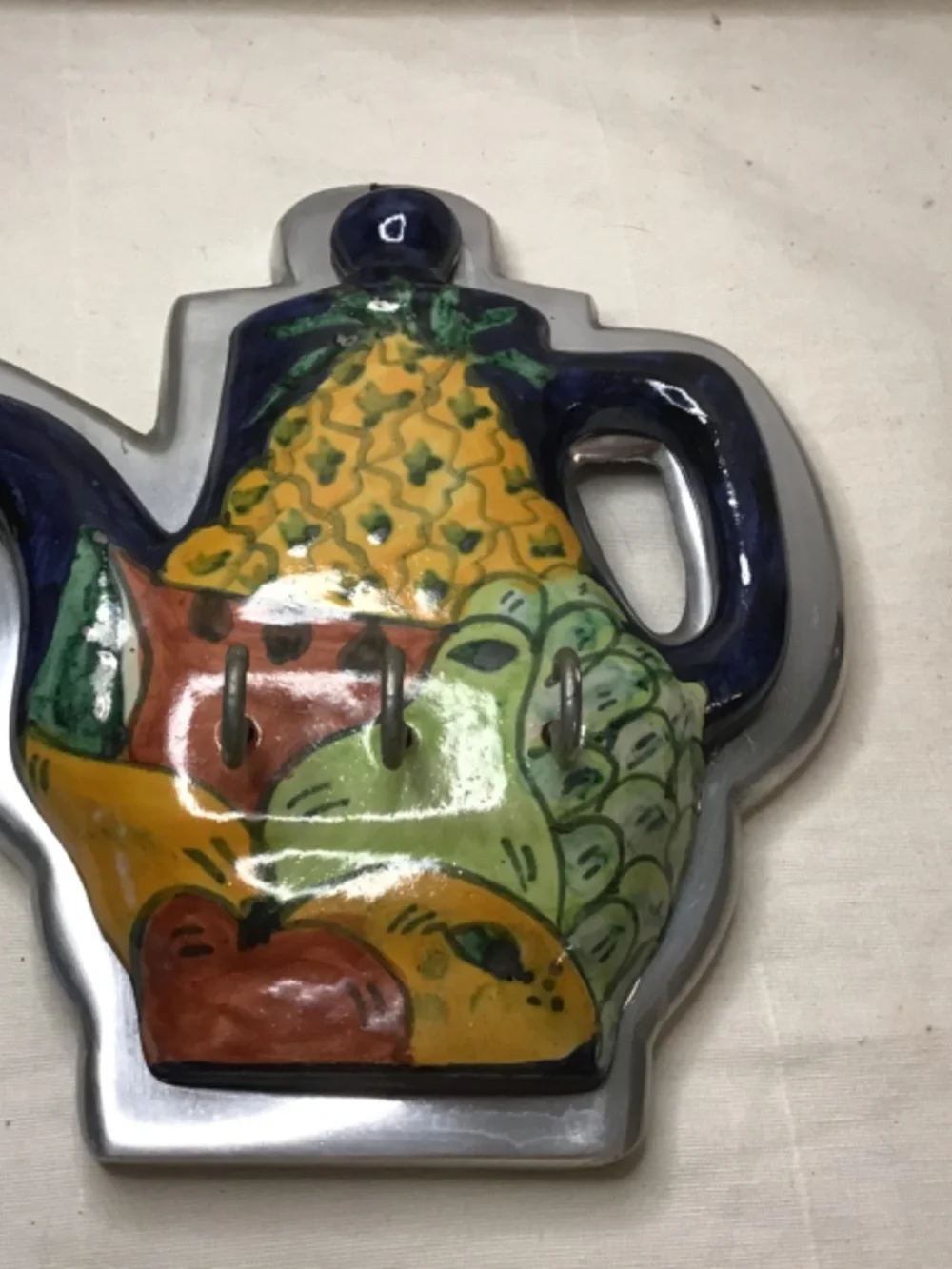 Talavera Pottey & Pewter Wall Hanging Hook Rack For Keys or Kitchen Linens.